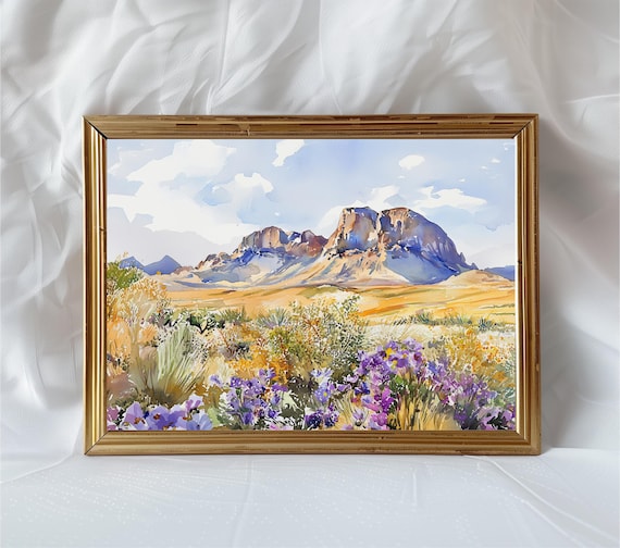 Big Bend Texas Desert Mountain Wildflower Watercolor Landscape Poster