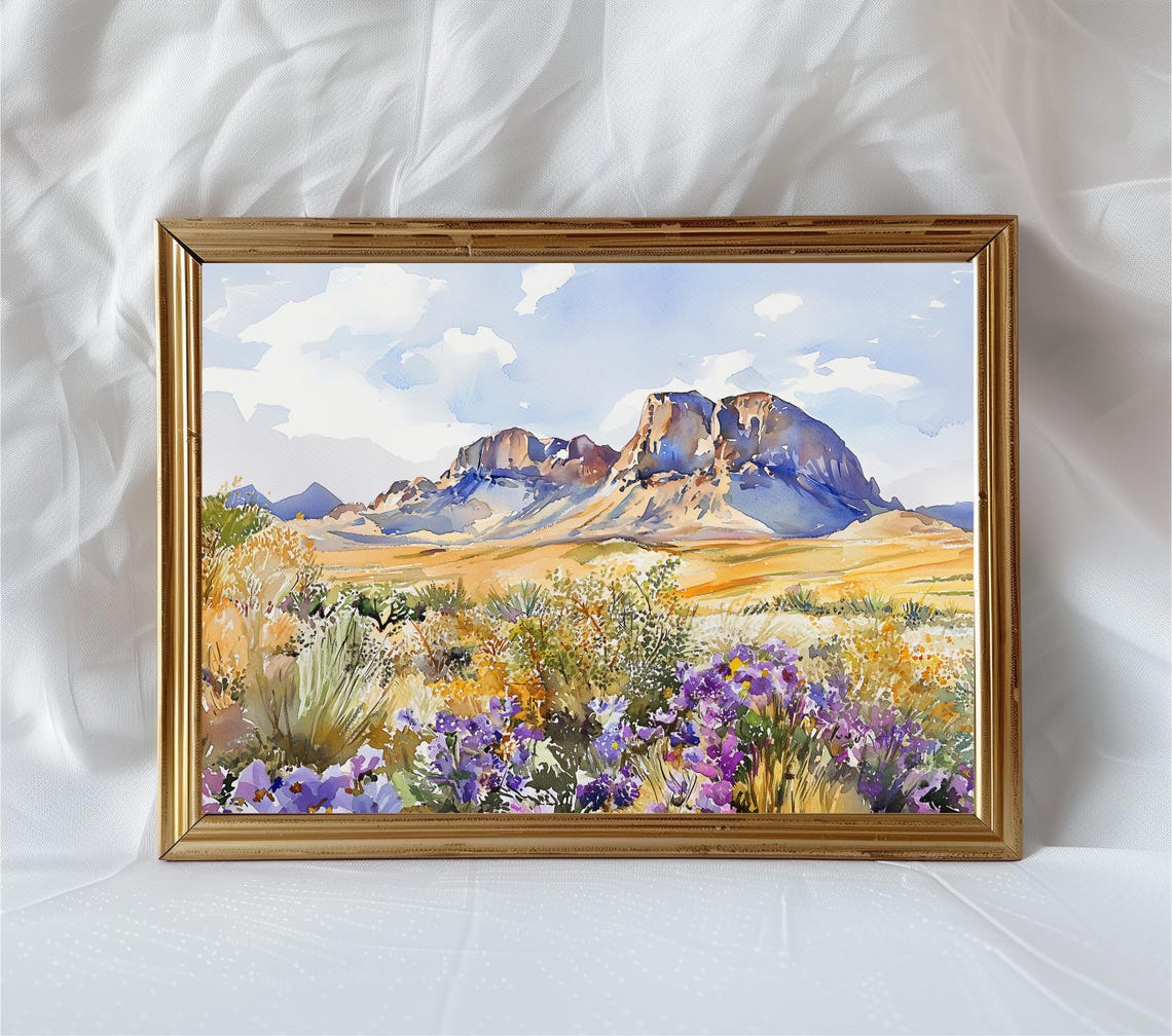 Big Bend Texas Desert Mountain Wildflower Watercolor Landscape Poster