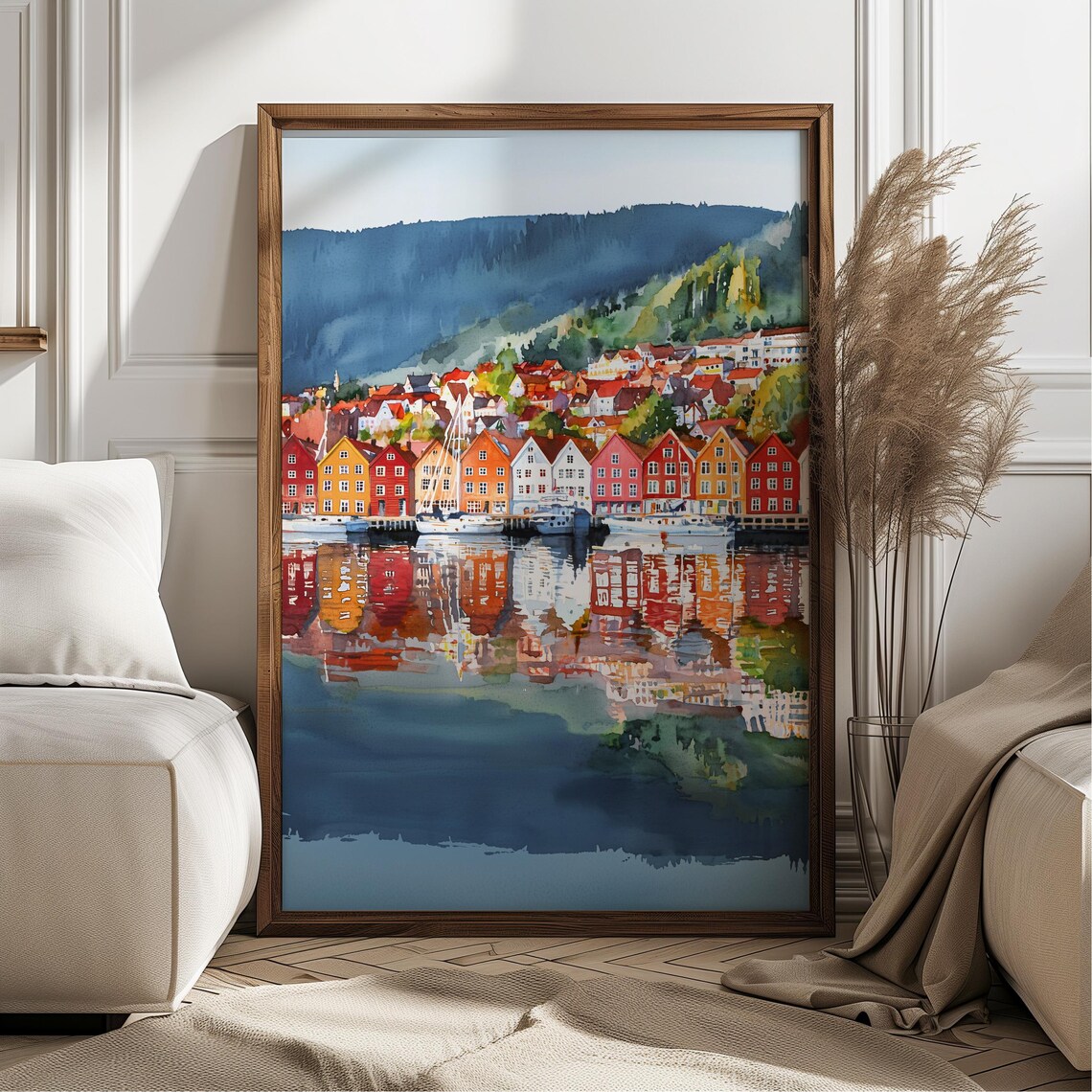 Bergen Norway Watercolor Art Print, Scandinavian Harbor