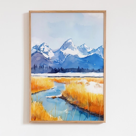 Grand Teton Watercolor Mountain Landscape Golden Field Stream Wyoming Poster