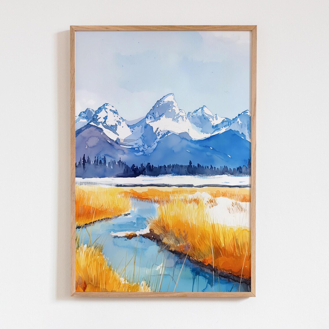 Grand Teton Watercolor Mountain Landscape Golden Field Stream Wyoming Poster