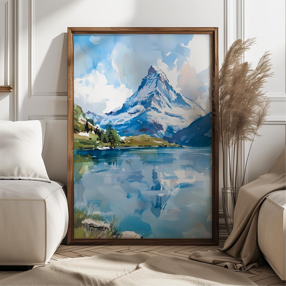 Matterhorn Swiss Alps Mountain Watercolor Lake Reflection Poster