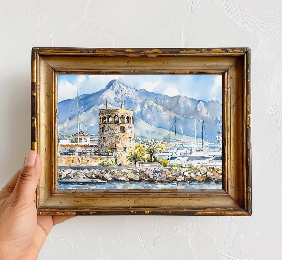 Puerto Banus Marbella Spain Watercolor Harbour Watchtower Poster