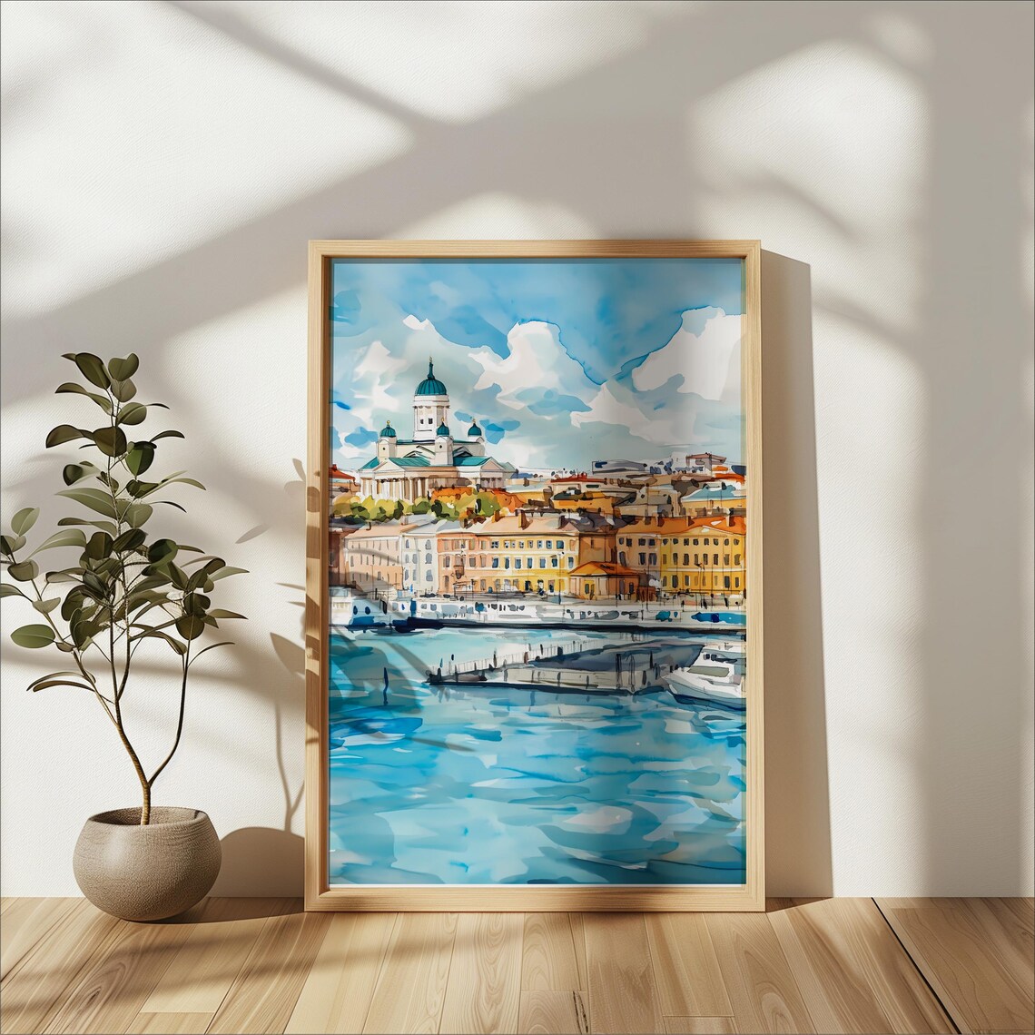 Helsinki Finland Watercolor Travel Poster, Nordic Cityscape