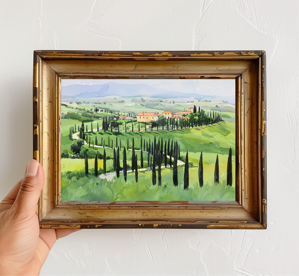 Tuscan Landscape Watercolor Cypress Trees Villa Italian Countryside Poster