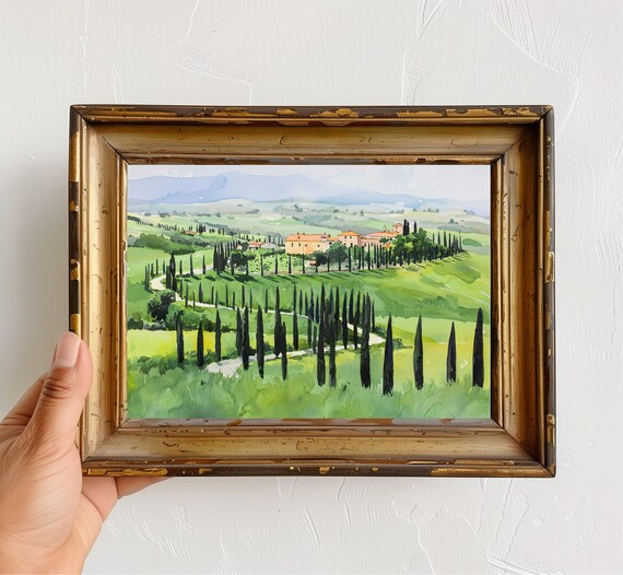 Tuscan Landscape Watercolor Cypress Trees Villa Italian Countryside Poster
