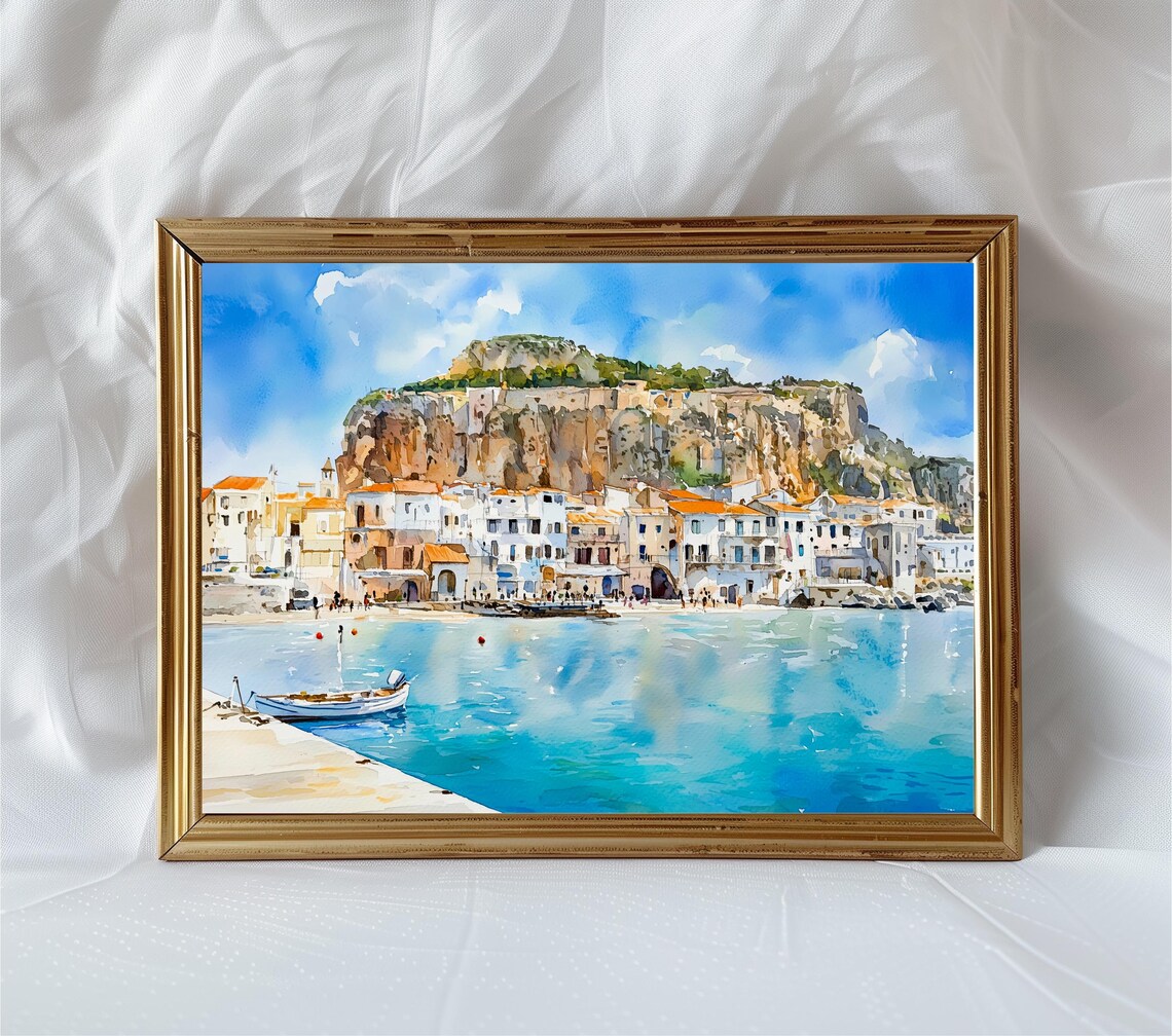 Cefalu Sicily Watercolor Print, Mediterranean Travel Poster