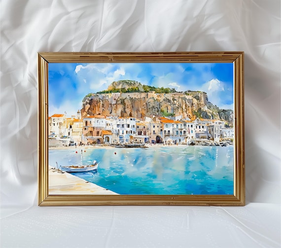 Cefalu Sicily Watercolor Print, Mediterranean Travel Poster