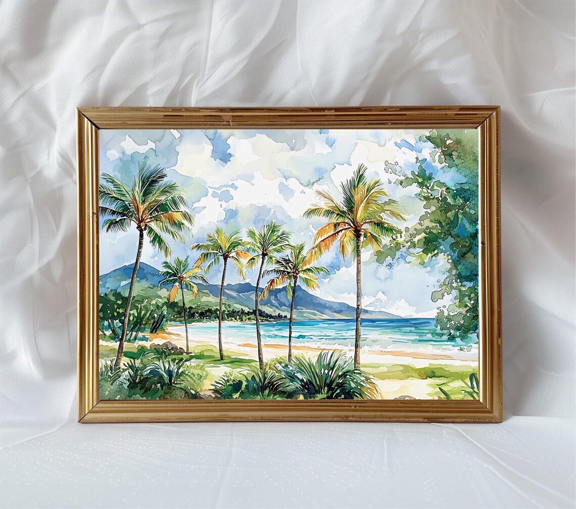 Tropical Beach Watercolor Painting Palm Trees Island Ocean Scenic Poster