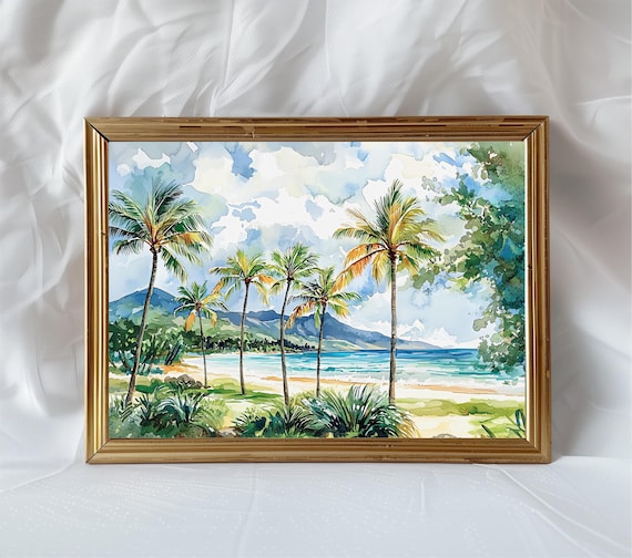 Tropical Beach Watercolor Painting Palm Trees Island Ocean Scenic Poster