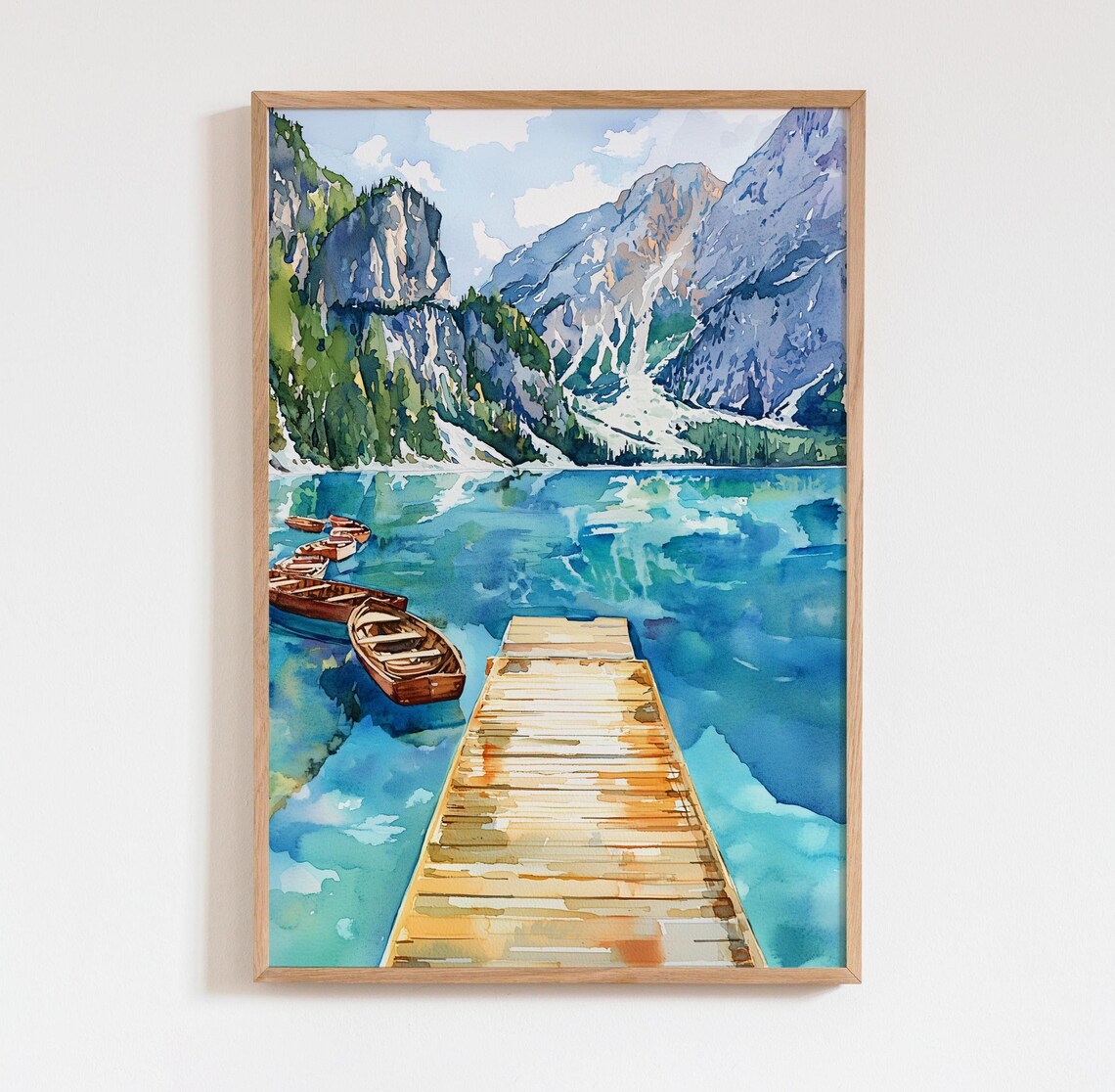 Braies Lake Watercolor Travel Poster, Italy Landscape
