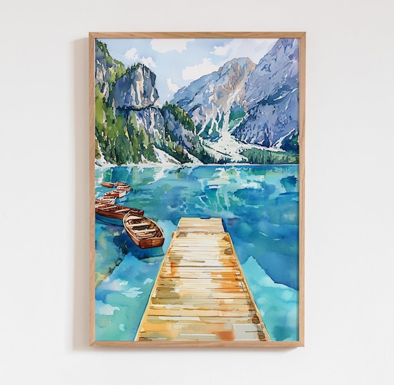 Braies Lake Watercolor Travel Poster, Italy Landscape