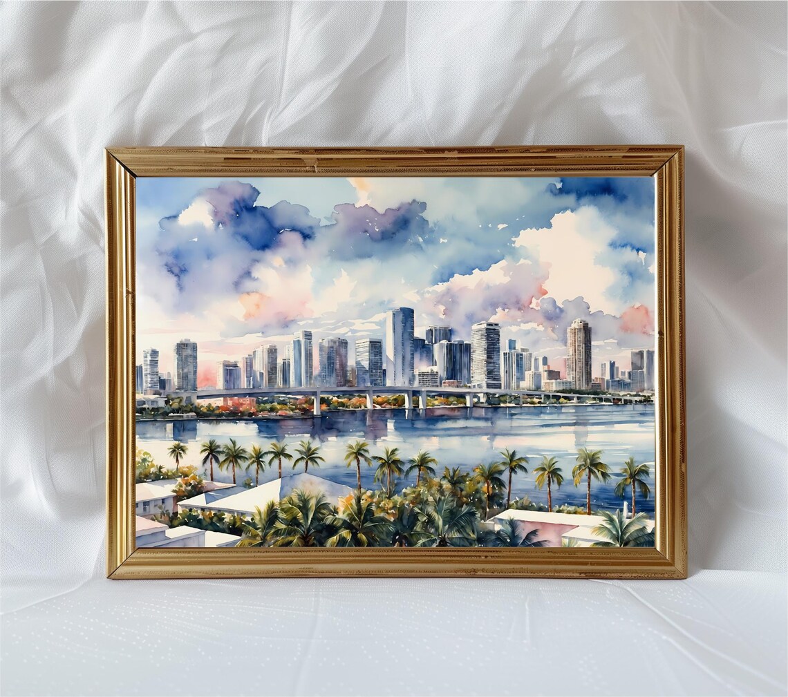 Miami Skyline Watercolor Florida Palm Trees Bay Sunset City Poster