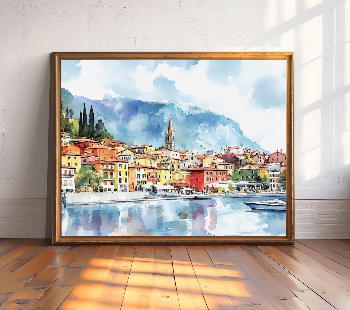 Varenna Lake Como Watercolor Vibrant Italian Lakeside Town Mountain Poster