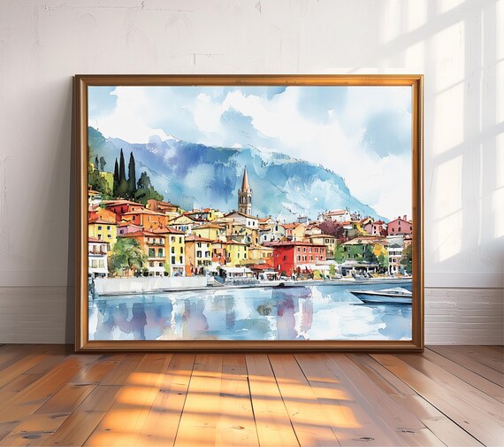 Varenna Lake Como Watercolor Vibrant Italian Lakeside Town Mountain Poster