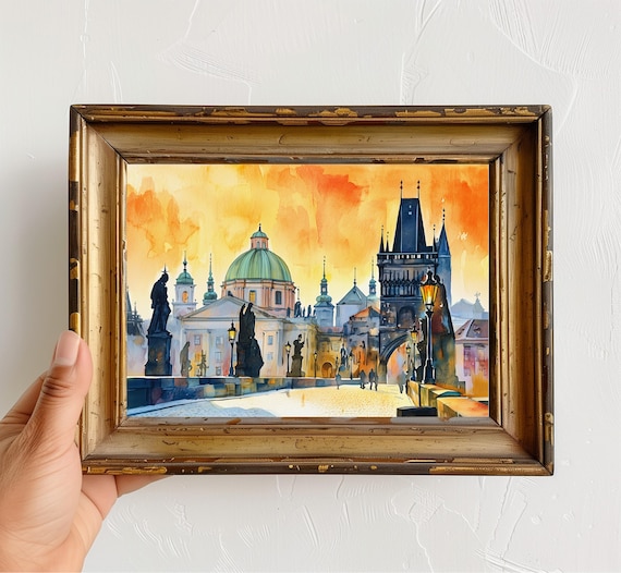 Prague Charles Bridge Watercolor Print Autumn Halloween Cityscape Wall Art Vibrant Sunset Architecture Travel Poster