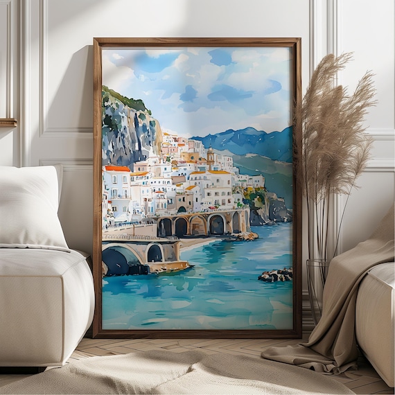 Amalfi Coast Italy Mediterranean Cliffside Town Watercolor Poster