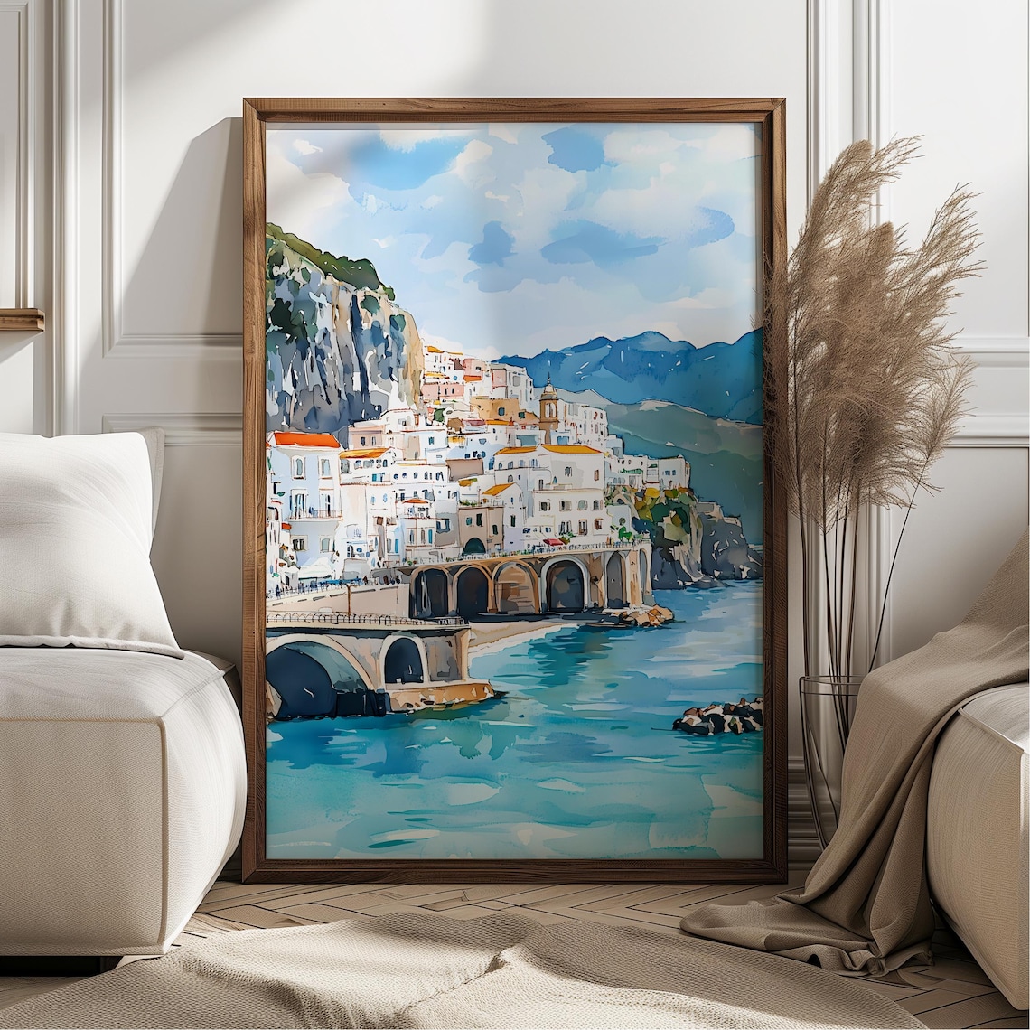 Amalfi Coast Italy Mediterranean Cliffside Town Watercolor Poster