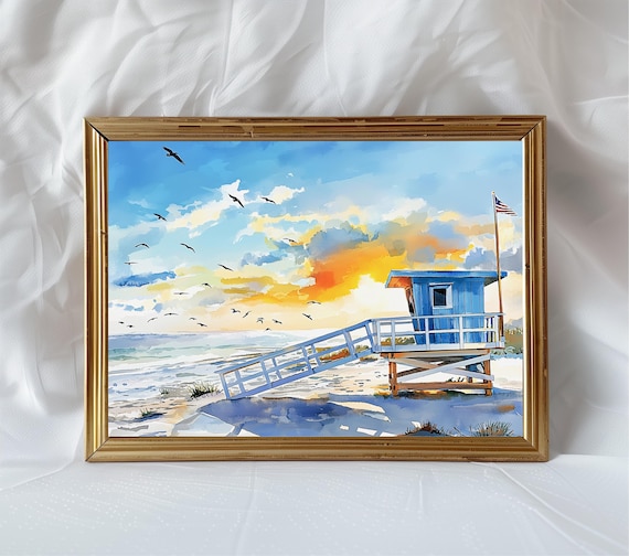 Blue Lifeguard Tower Sunset Watercolor Ocean Beach Scene Poster