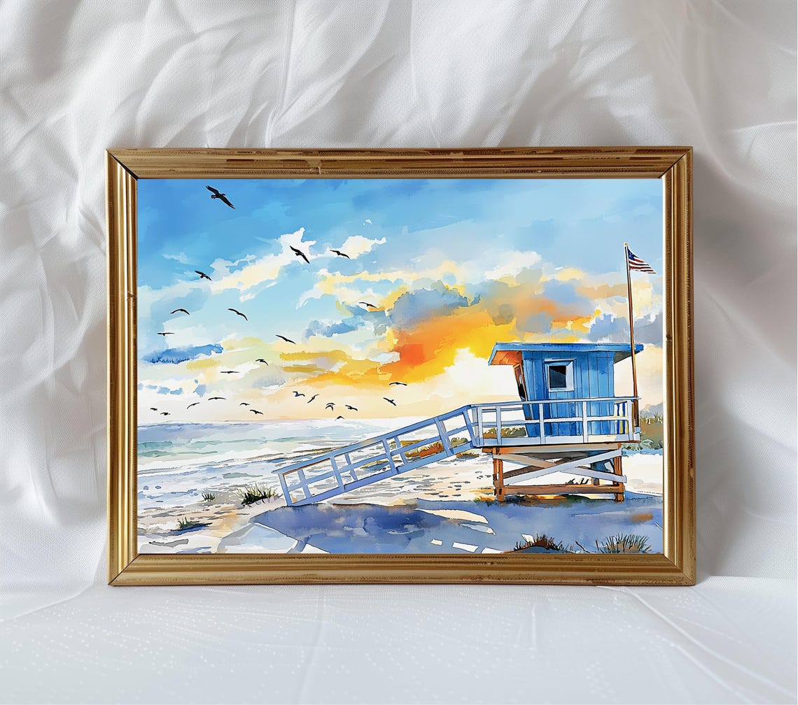 Blue Lifeguard Tower Sunset Watercolor Ocean Beach Scene Poster