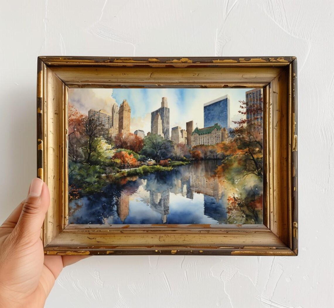 Central Park New York Autumn Lake Reflection Watercolor Poster