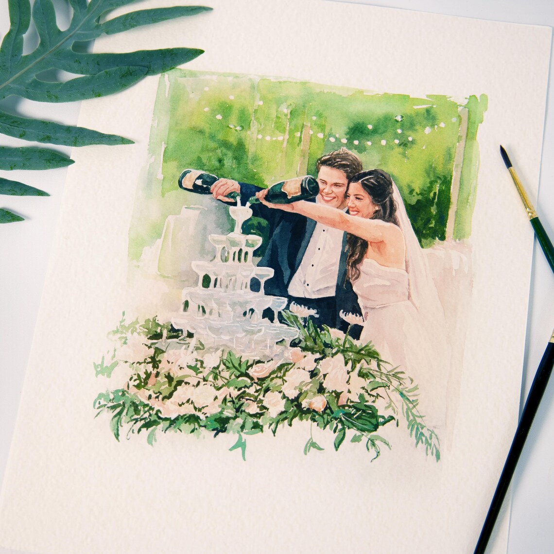 Wedding Couple Pouring Champagne Tower Watercolor Celebration Poster
