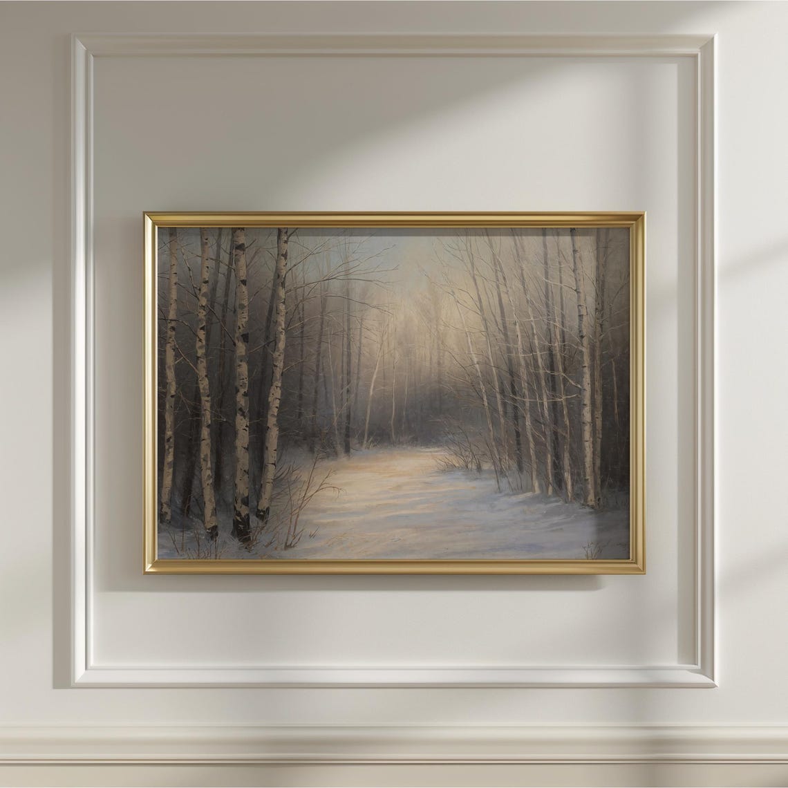 Winter Birch Forest Misty Snowy Woodland Landscape Painting Art Print
