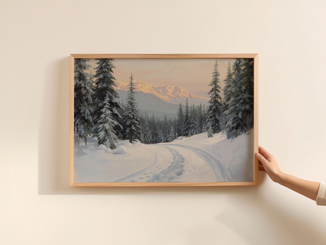 Vintage Snowy Mountain Pass Pine Forest Alpine Painting Art Print