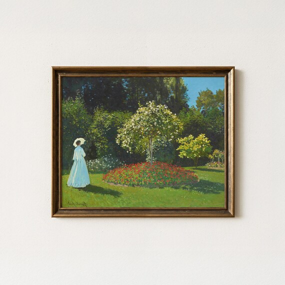 Claude Monet Lady In Garden Blue Dress Parasol Flower Bed Art Poster