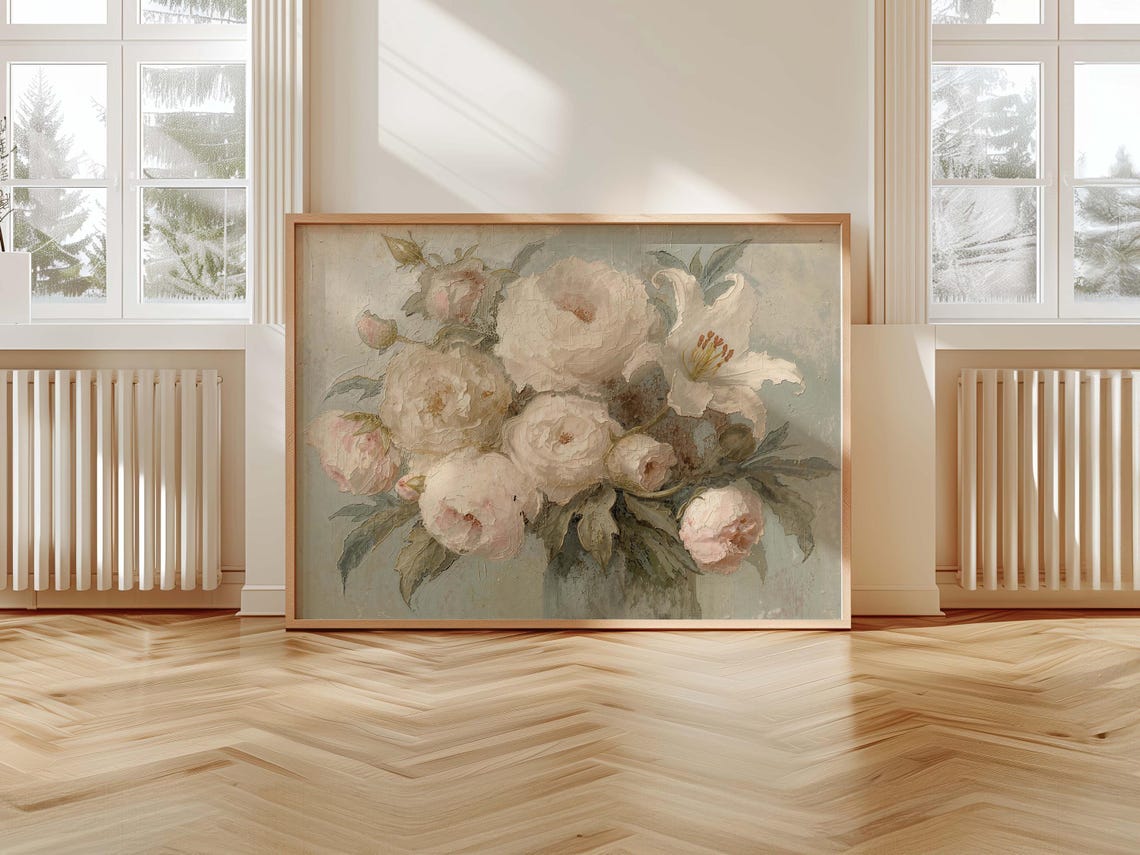 Soft White Peony and Rose Bouquet Pastel Floral Still Life Poster