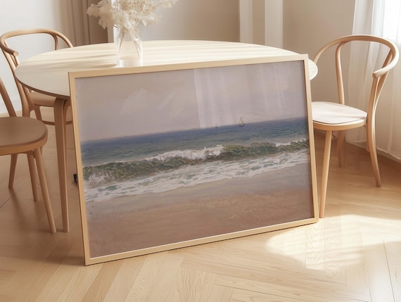 Muted Vintage Beach With Soft Waves And Distant Sailboats Poster