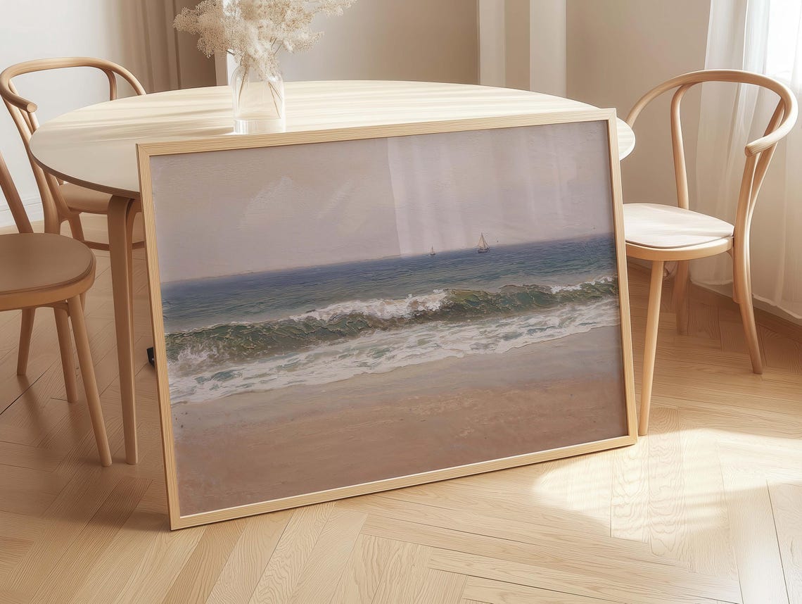 Muted Vintage Beach With Soft Waves And Distant Sailboats Poster