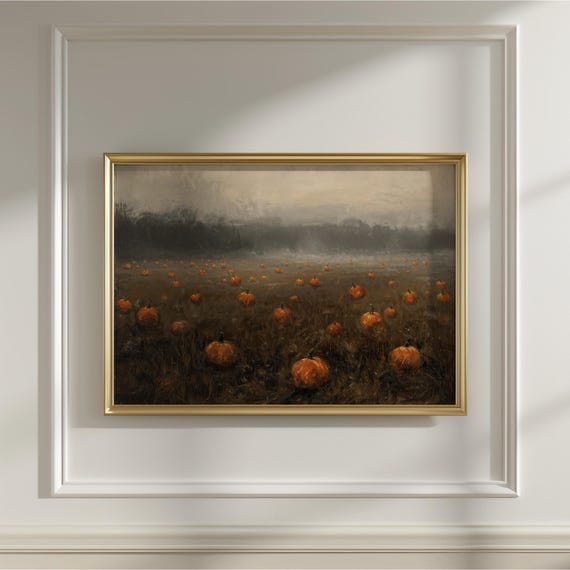 Vintage Halloween Print Pumpkin Field At Dusk Gothic Art