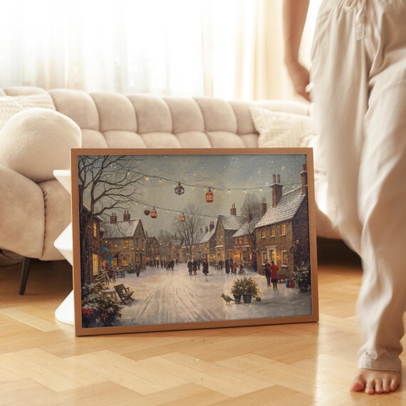 Vintage Christmas Village Snowy Street Lanterns Winter Poster