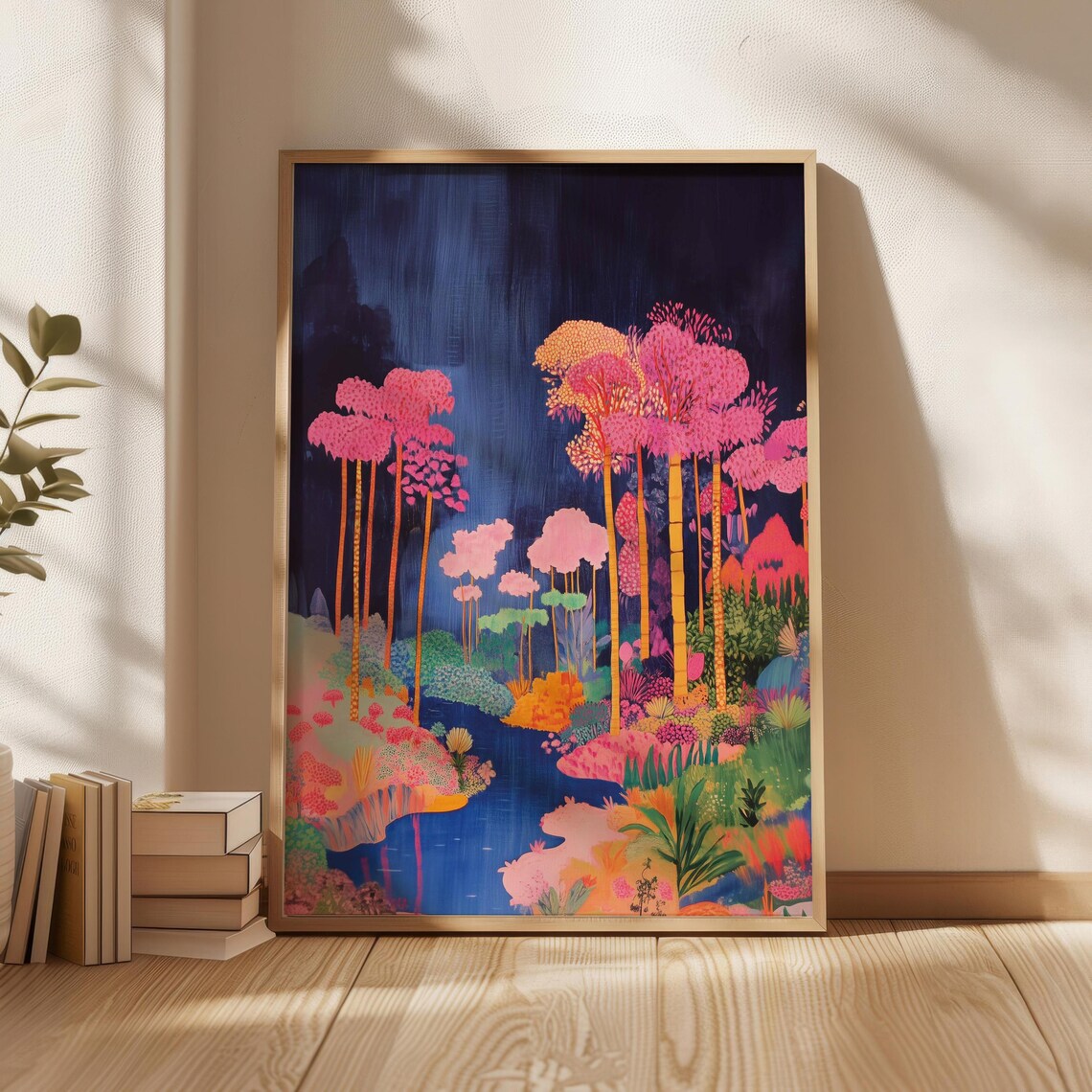 Neon Night Garden Pink Trees Indigo Stream Hokusai Style Wall Poster