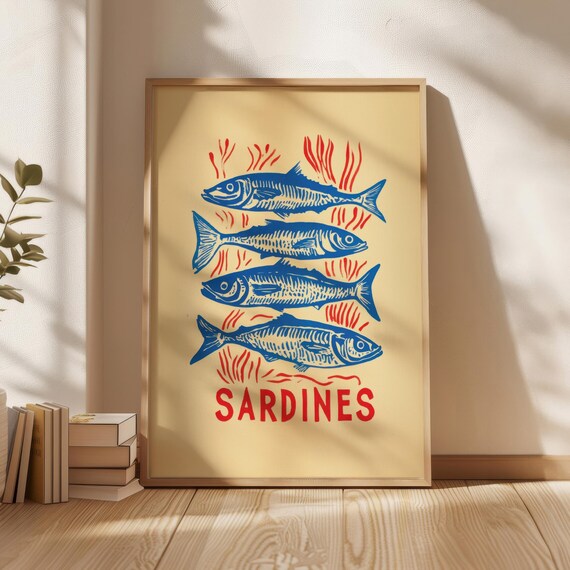 Sardines Poster Blue Fish Print Wall Art Home Decor Kitchen New Gift Vintage Illustration