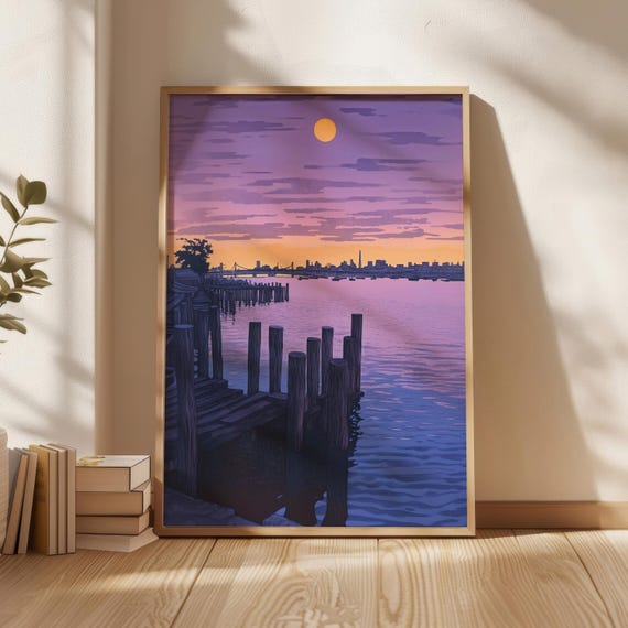 A Colored Woodcut In The Style Of David Hockney Poster Purple Twilight Sky Wall Art Port Print Artdigital