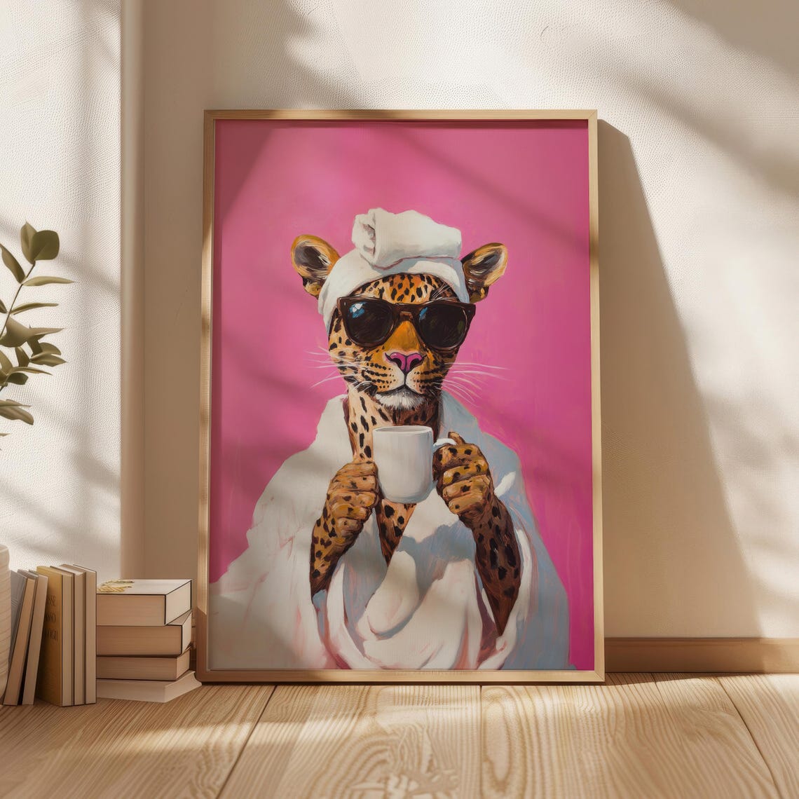 Funny Lady Leopard in Bathrobe Poster with Coffee on Pink Background