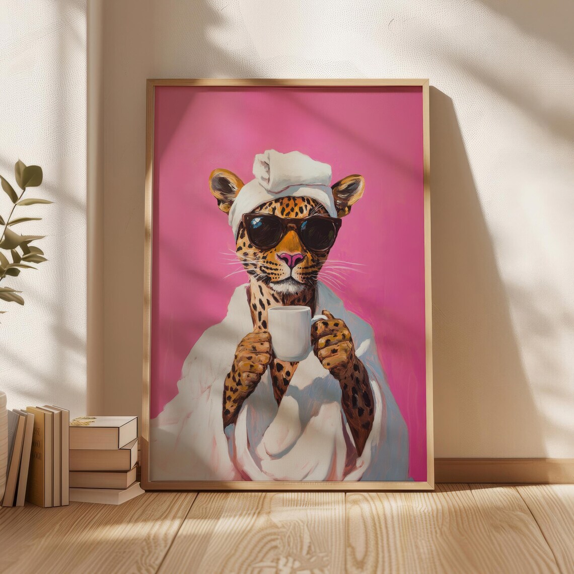Lady Leopard Poster Coffee Wall Art Prints Pink Theme Design Bathroom Decor Bathrobe