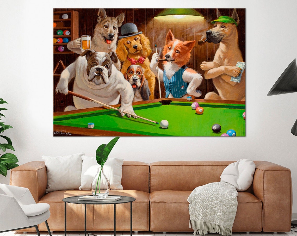 Dogs Playing Pool Humorous Billiards Game Room Funny Animal Poster