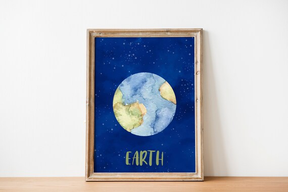Watercolor Earth Planet Kids Space Bedroom Nursery Decor Poster
