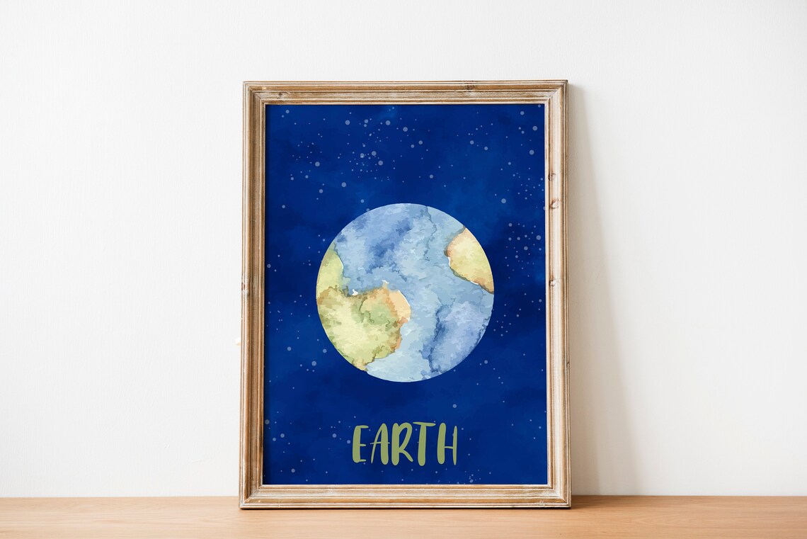 Watercolor Earth Planet Kids Space Bedroom Nursery Decor Poster