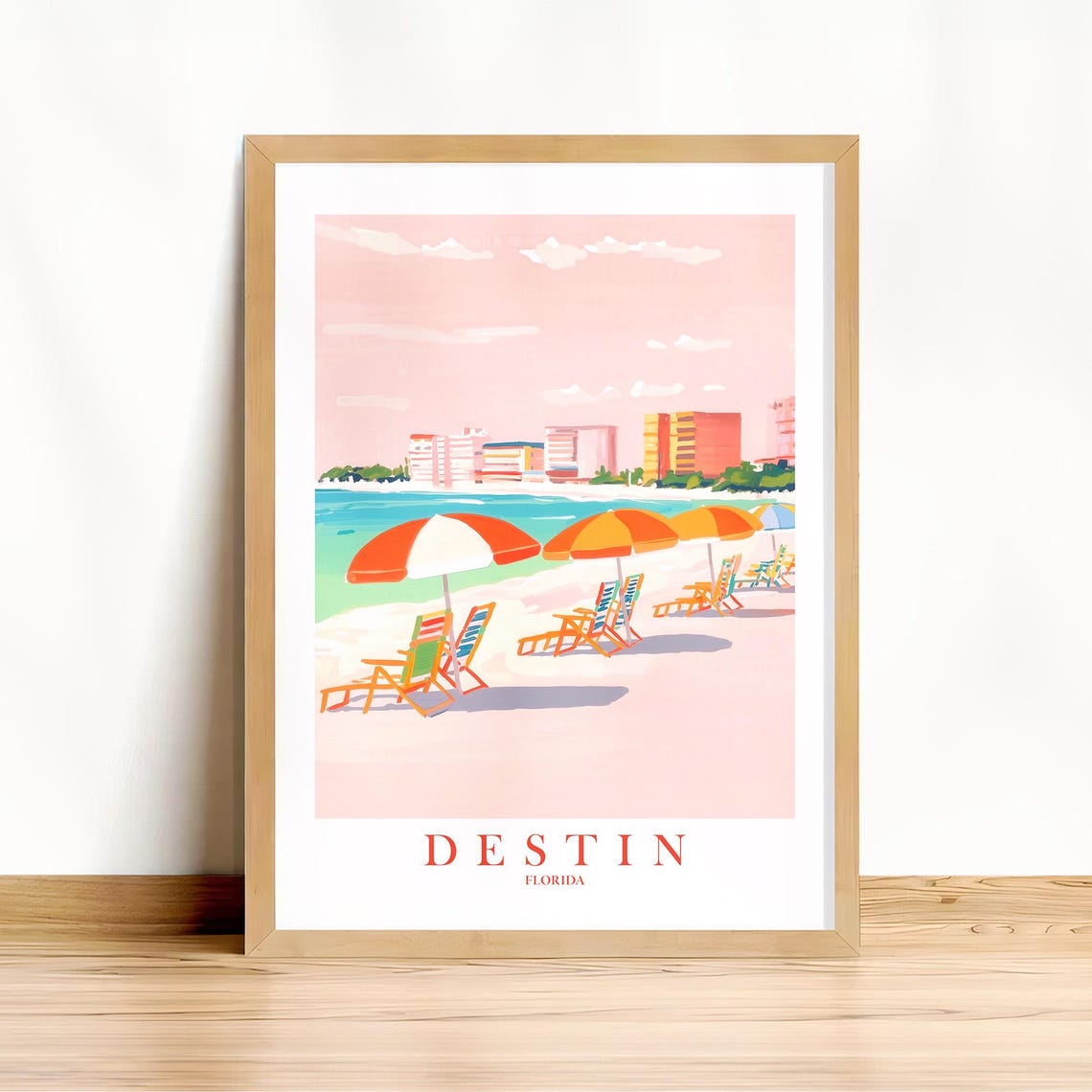 Destin Florida Beach Umbrellas Pink Sand Retro Travel Poster