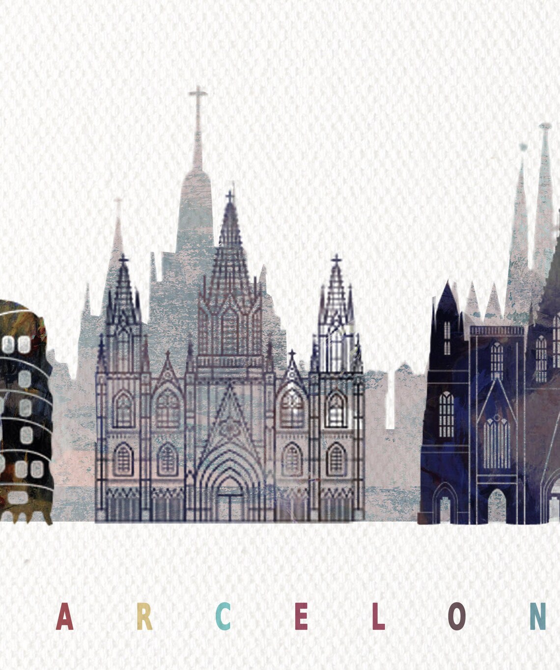 Barcelona Spain Watercolor Skyline Sagrada Familia Gaudi Art Poster - Image 2