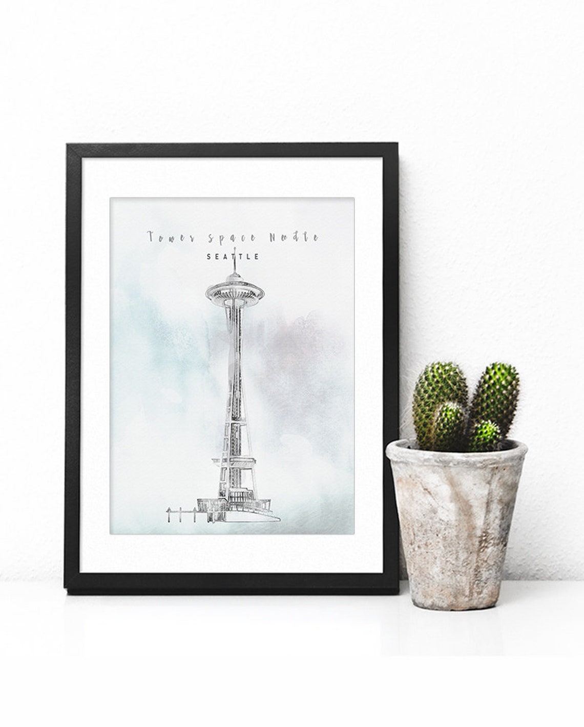Seattle Washington Space Needle Pencil Sketch Watercolor Poster - Image 2