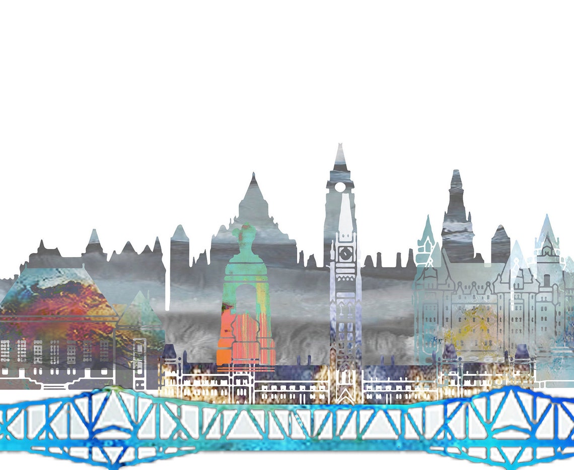 Ottawa Canada Colorful Watercolor City Skyline Artwork Poster - Image 2
