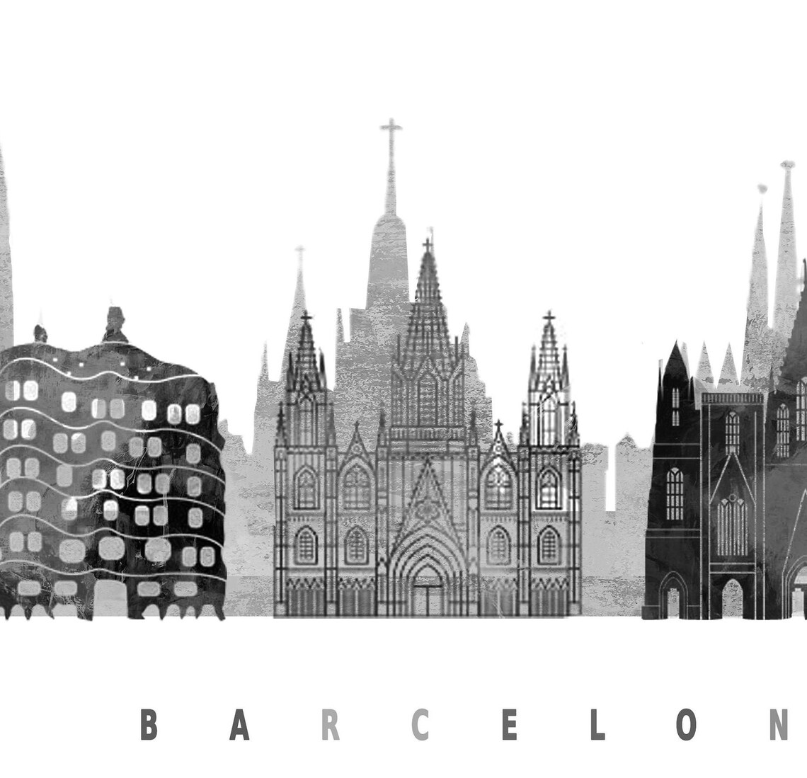 Barcelona Black and White City Skyline Spain Print Decor Modern Gift - Image 2