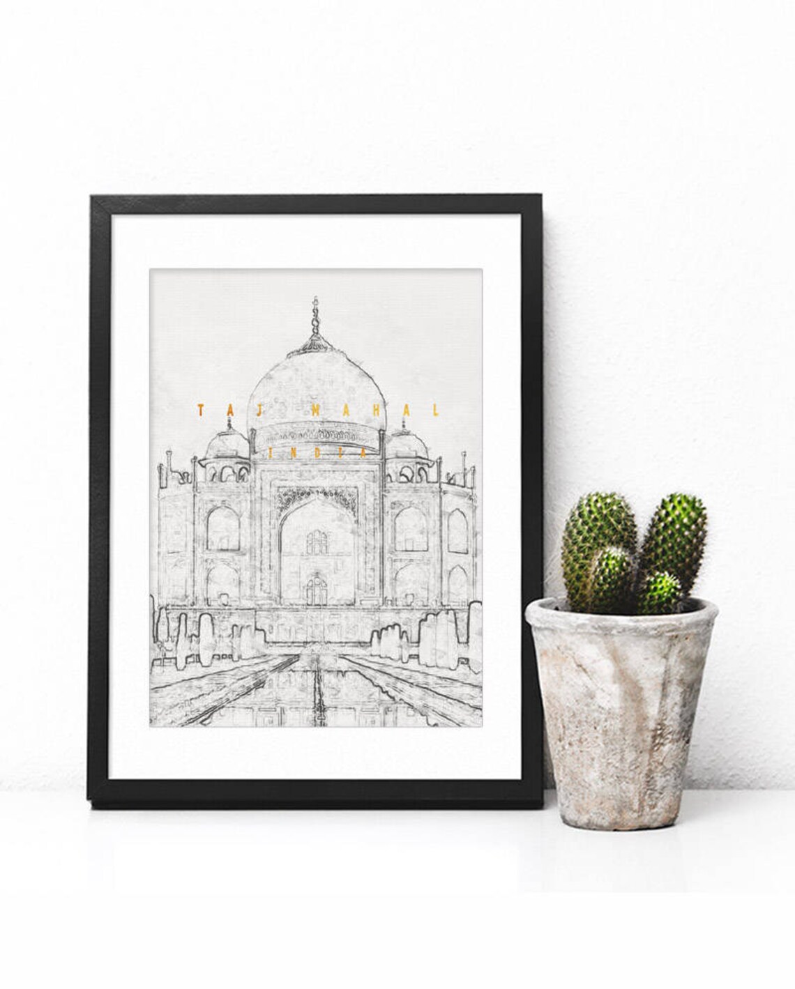 Taj Mahal India Pencil Sketch Drawing Gold Lettering Art Poster - Image 2