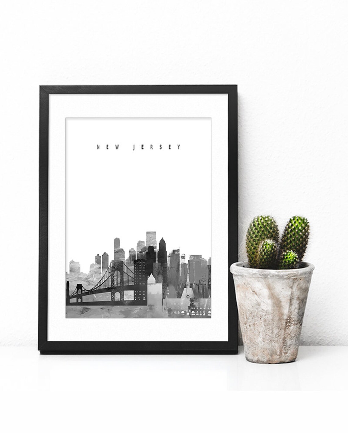 New Jersey Black and White Skyline Bridge Minimalist Decor Poster - Image 3