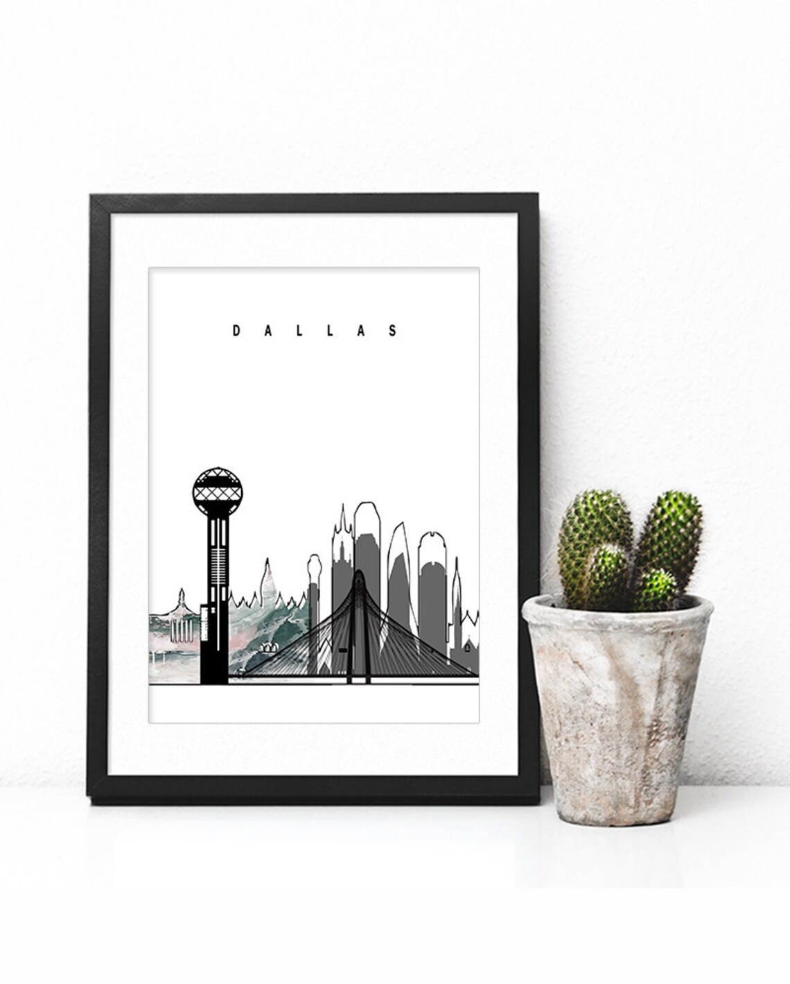Dallas Texas Reunion Tower Grayscale Watercolor Skyline Poster - Image 2